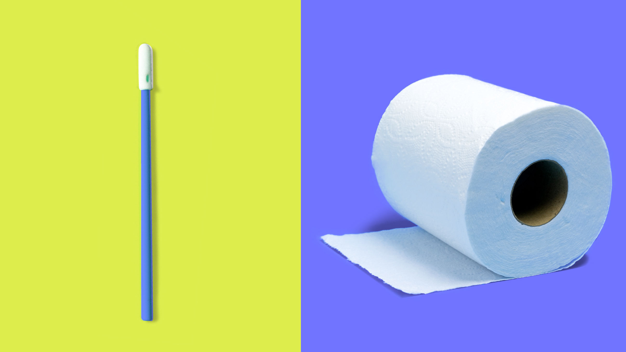 A nasal swab side-by-side with a roll of toilet paper.